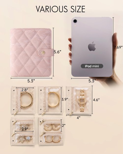 VLANDO Travel Jewelry Organizer Case,Gifts for Women,Portable Jewelry Storage Book Ring Binder with Clear Zipper Velvet Pouch Bag for Traveling,Rings,Necklace,Earrings,Bracelets,Brooches-Sand Pink