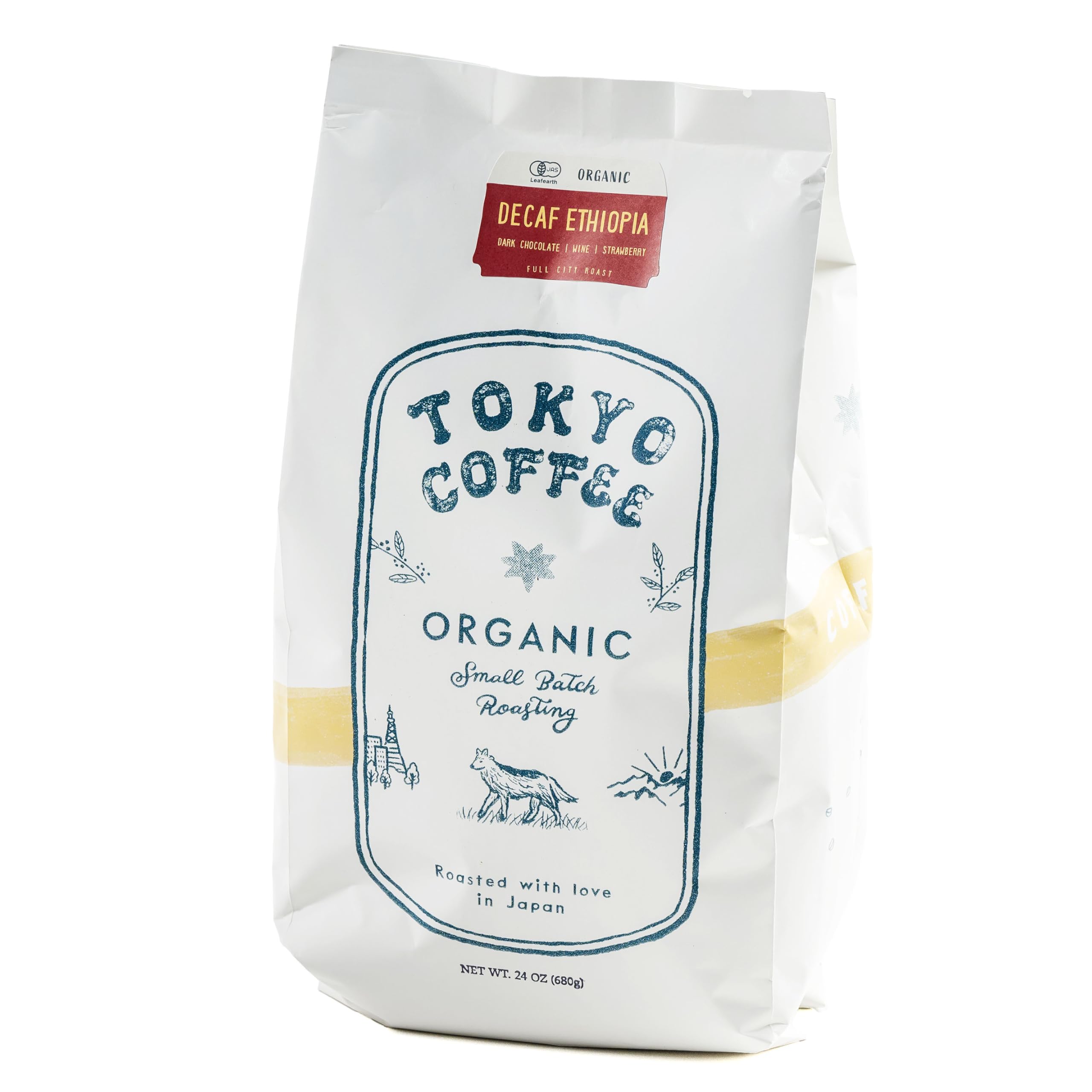 TOKYO COFFEE Organic Decaf Ethiopian Coffee Beans – 24oz Whole Bean, Medium Dark Roast (Full City), Mountain Water Process, Sidamo Guji, Dark Chocolate, Smooth & Balanced Flavor