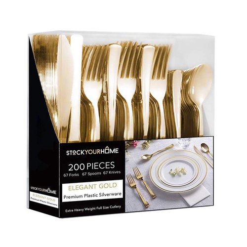 Gold Plastic Silverware Set (200-Pack) – Disposable Heavy Duty Cutlery, 67 Forks, 67 Knives, 67 Spoons for Parties, Weddings, Dinners & Holidays