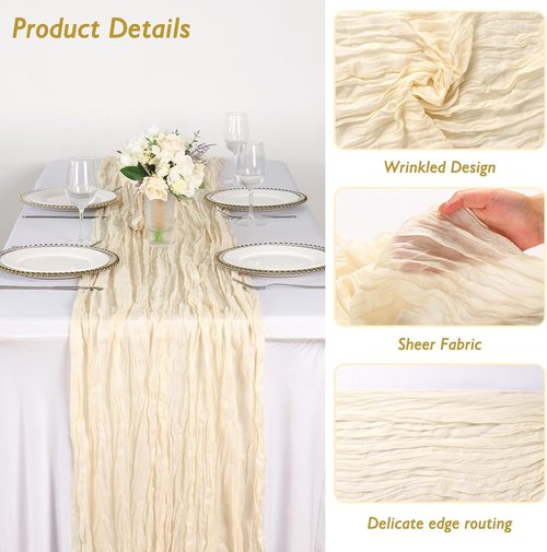 Fixwal Cream Beige Cheesecloth Table Runner - 35x120 Inch | 10 FT Boho Gauze for Weddings & Events