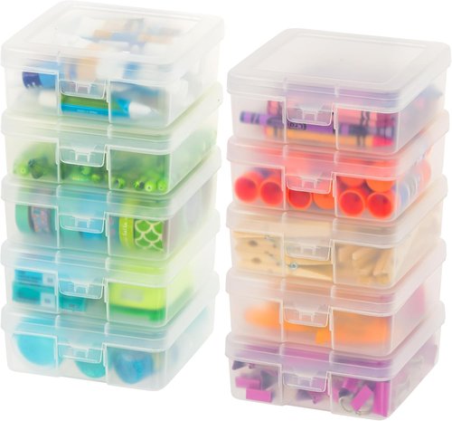 IRIS USA Pencil Case Boxes - 10-Pack Clear Plastic Organizing Containers with Snap Lid for Arts & Crafts
