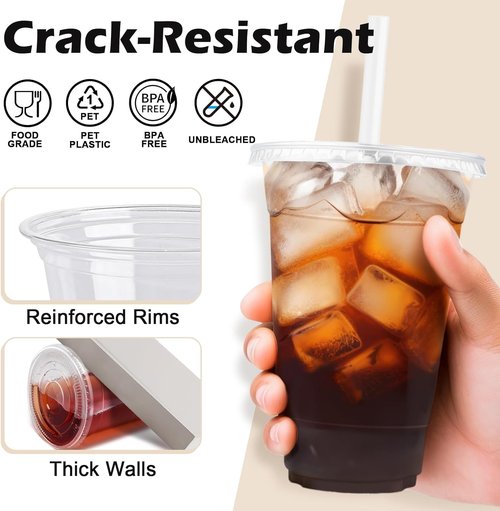 Lamosi 100 Pack Clear Plastic Coffee Cups - 16 oz with Lids & Straws for Iced Beverages | Disposable Drinkware