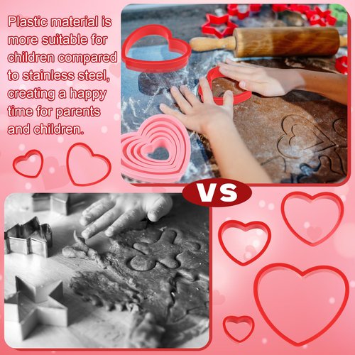 Jingmore 2 Sets Plastic Heart Cookie Cutters Valentine Heart Pancake Mold for Baking Cakes, Biscuits, and Sandwiches(Red and Pink)