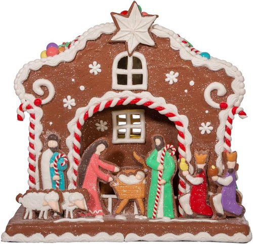 Kurt S. Adler 12.5-Inch Light-Up Nativity Gingerbread House - Battery Operated Holiday Decor