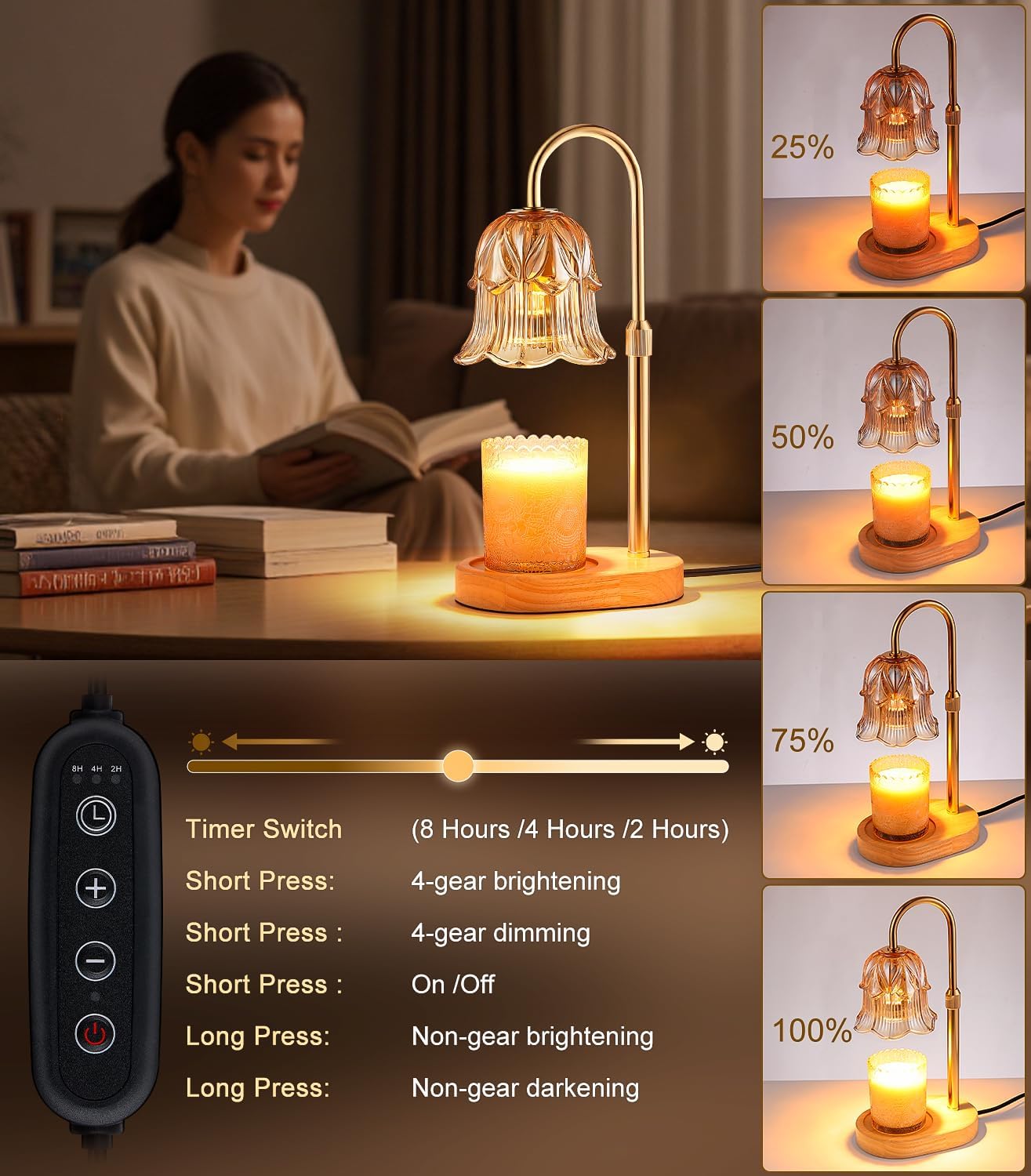 Skiennix Candle Warmer Lamp - Adjustable Timer & Height | Dimmable Vintage Base for Scented Wax Melts