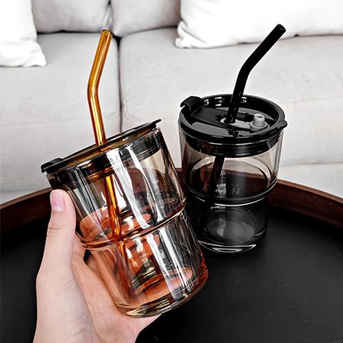 BLUEPOLAR 13 oz Tumbler Water Glass, Water Bottle with Straw and Dustproof Lid, Coffee Ice Cup Double Wall Insulated Glass Cup (Amber-4pack)