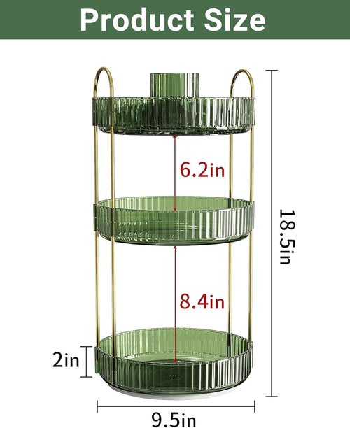 Asayuee 360° Rotating Makeup Organizer - Large 3-Tier Storage for Cosmetics & Skincare | Green