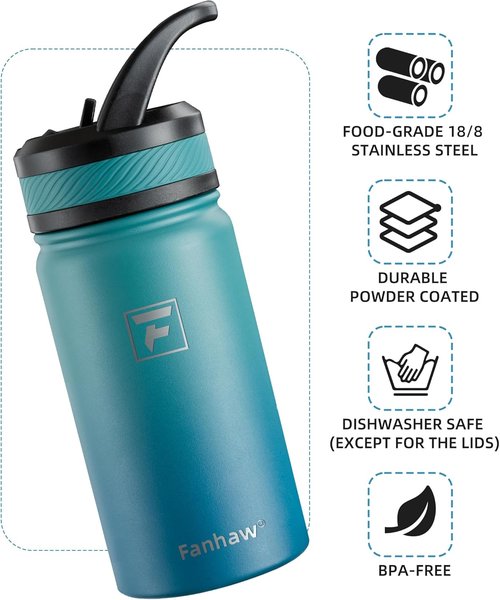 Fanhaw Kids Insulated Water Bottle - 14 Oz Stainless Steel, Leak-Proof, BPA-Free | Green Blue