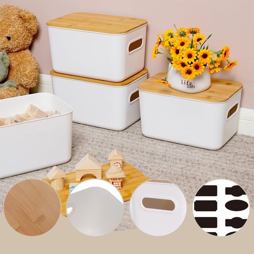 Citylife Storage Bins - Stackable 7QT Plastic Organizer Boxes with Bamboo Lids | 4-Pack, 10" L x 7" W x 5.8" H