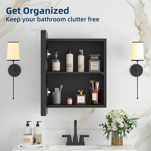 YTSMIR Medicine Cabinet with Mirror, 14x18 Inch Black Bathroom Mirrored Cabinet, Metal Framed Wall Cabinet with Beveled Mirror, Modern Surface Mount or Recessed Medicine Cabinet with Storage