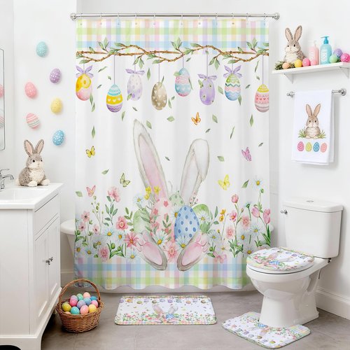 Mocsicka 4pcs Easter Shower Curtain Set Cute Bunny Eggs Spring Floral Shower Curtain for Easter Bathroom Decor Set with Non-Slip Washable Bath Rugs, Toilet Lid Cover 72 x 72 Inch