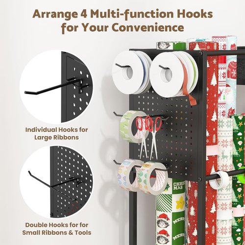 Kikihouse Gift Wrap Organizer Cart - Rolling Storage Station with 12PCS Slap Bands & Hooks | Black
