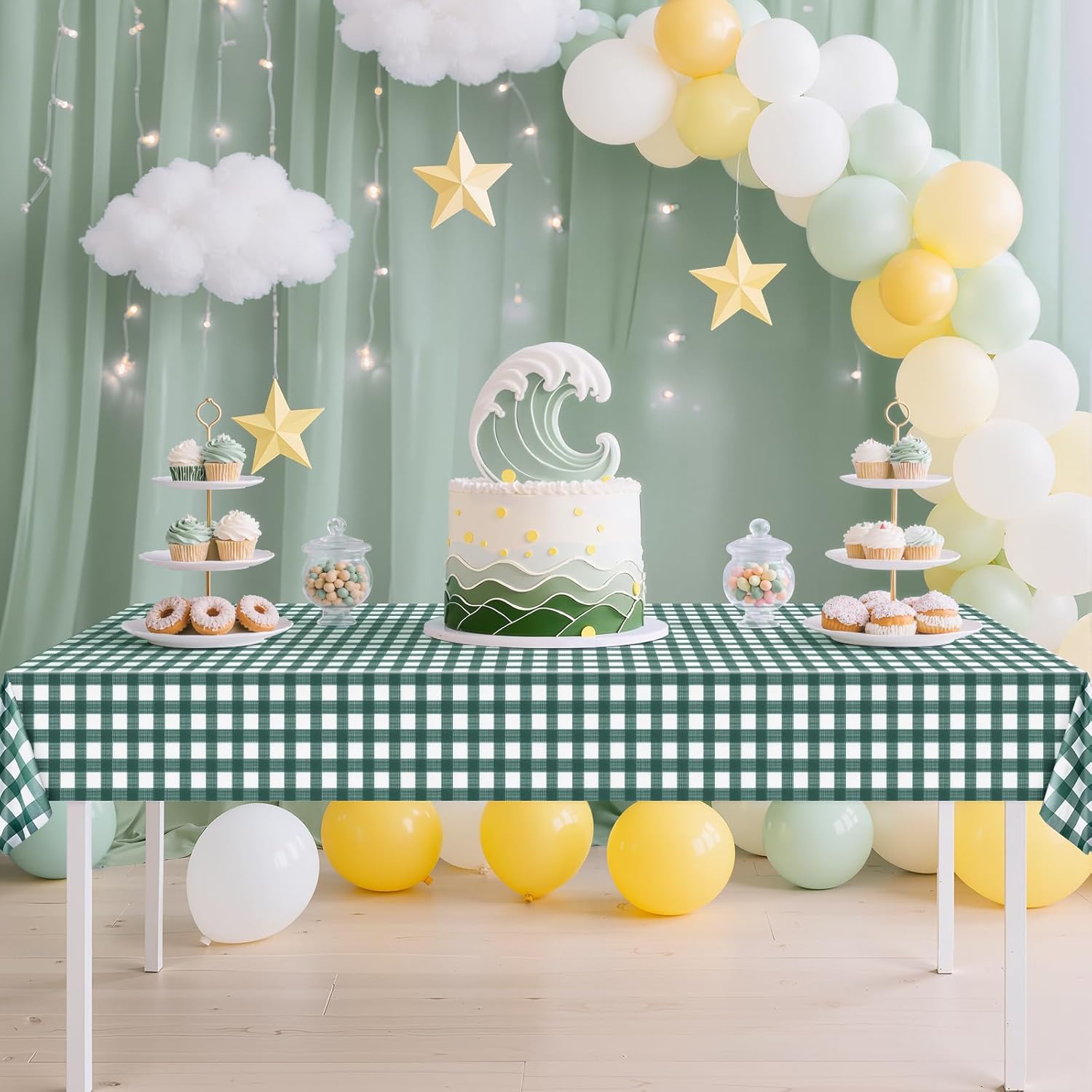 Skiennix Sage Green Striped Gingham Tablecloth - Waterproof Disposable Plastic, 54 x 108 Inch for Events