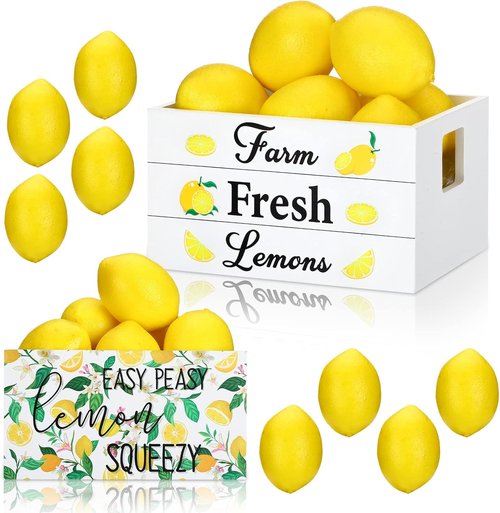 Marsui Lemon Decor Set - Mini Wooden Crate with 8 Fake Lemons for Rustic Summer Home Decor