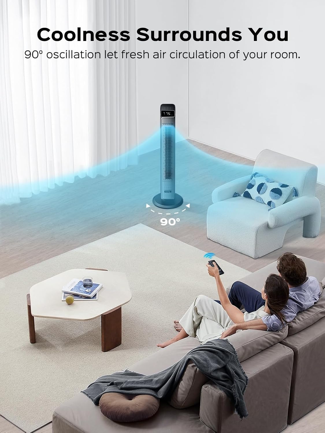 Tower 40-Inch Fan - 90° Oscillating, Remote Control, 30dB Quiet, 6 Speeds & 12H Timer | Ideal for Bedroom & Living Room