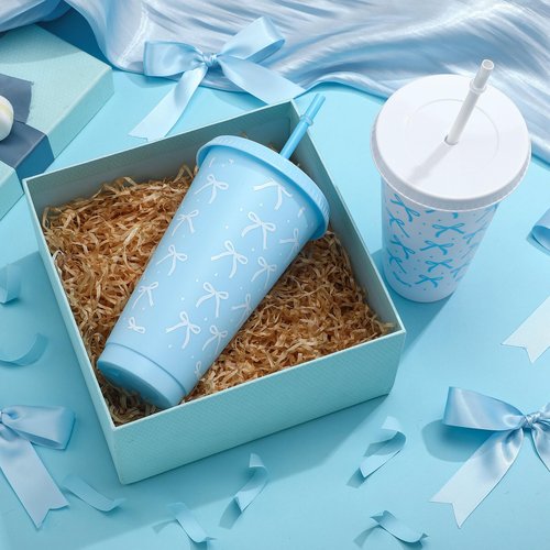 Pickmesh 12 Pcs 24 oz Blue Bow Plastic Cups with Lid and Straw Gift Coquette Bow Birthday Decorations Reusable Party Cups Tumbler Water Bottle Gift for Wedding Bridal Engagement Baby Shower