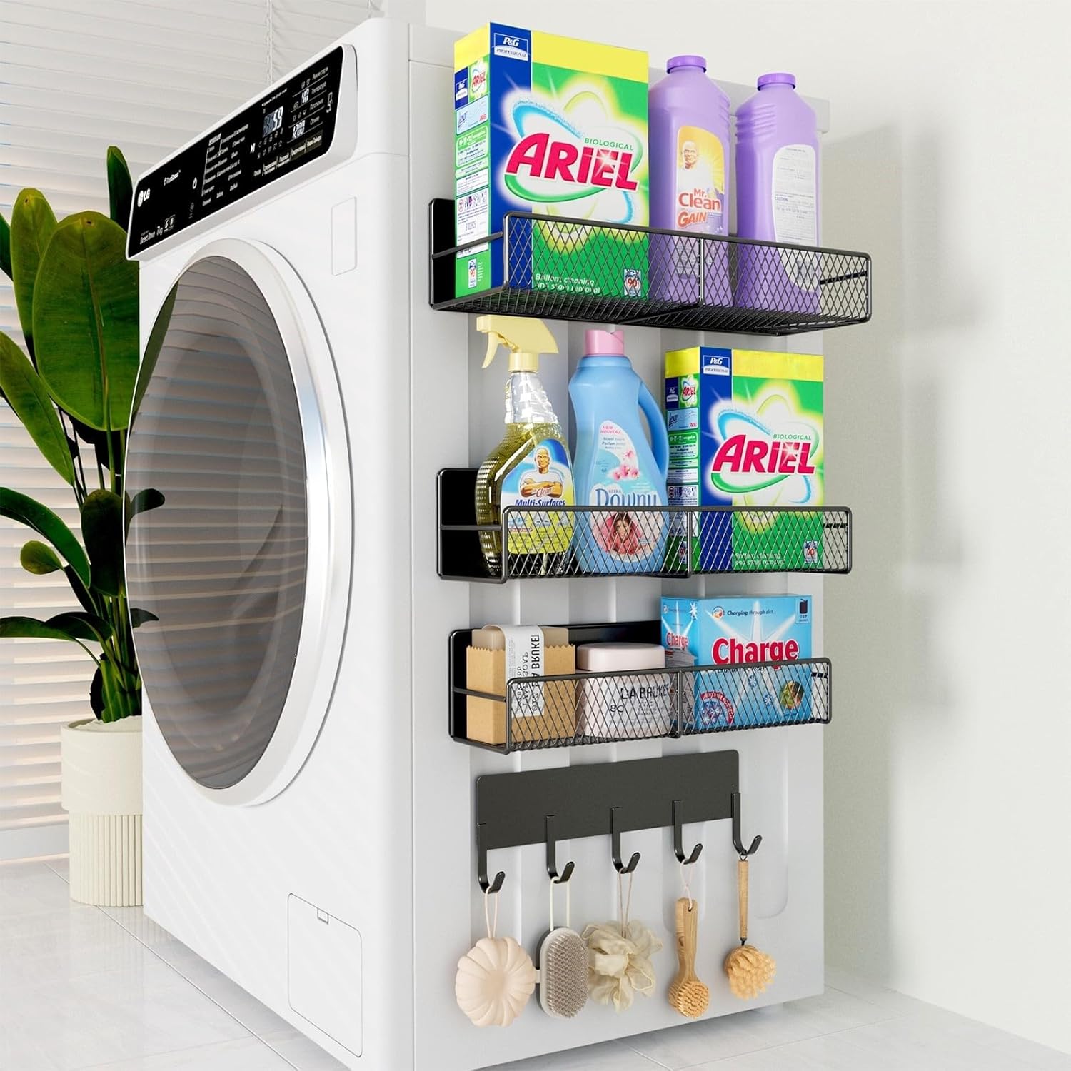 Skiennix Magnetic Shelves - Heavy-Duty Laundry Organizer with Hooks | 4 Pack, Black Metal Storage Baskets