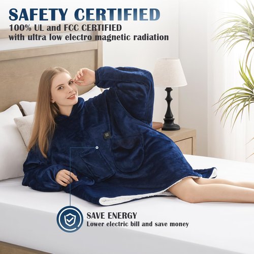 Homemate Heated Wearable Blanket Hoodie - with Battery Pack 7.4V - Oversized Electric Blanket Hoodie for Women Men - Warm Cordless Heated Shawl Portable Heated Robe (Blue)