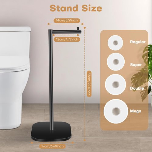 OGGZAQA Toilet Paper Holder Stand Freestanding, Matte Black Toilet Paper Stand for Bathroom, Stainless Steel Toilet Paper Roll Holder with Storage,Tissue Holder,Non-Slip,Rust Proof