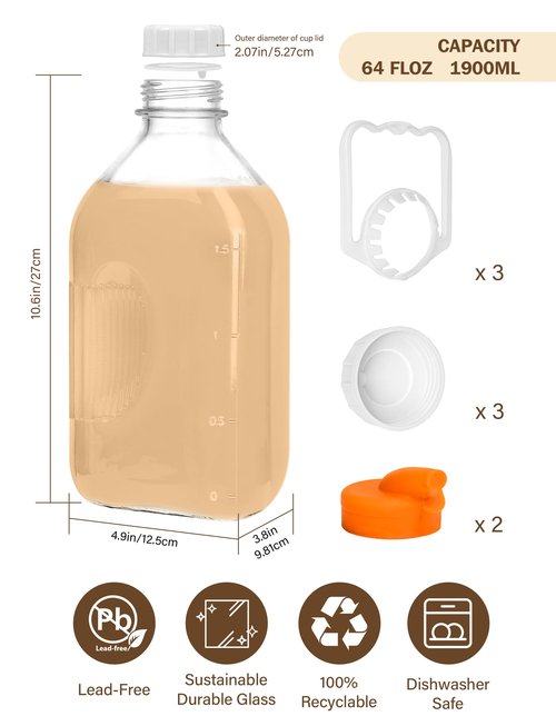 KMIGRUAN 64oz Heavy Duty Glass Milk Bottle with Handle and Airtight Reusable Lids,3Pack Glass Milk Container for Refrigerator,Juice Jugs With 2 Exact Scale Lines
