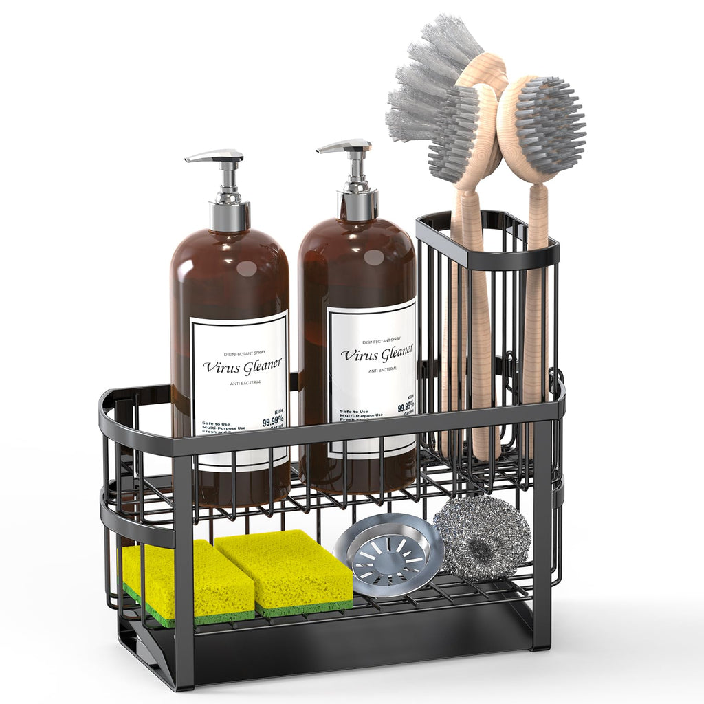 UEFFNR Kitchen Sink Organizer Caddy, 2 Tier Sink Caddy Organizer with High Brush Holder, Rust-Proof Countertop Rack (Black 10.6 * 4.3 * 5.7") for Kitchen Accessories & Dish Brushes