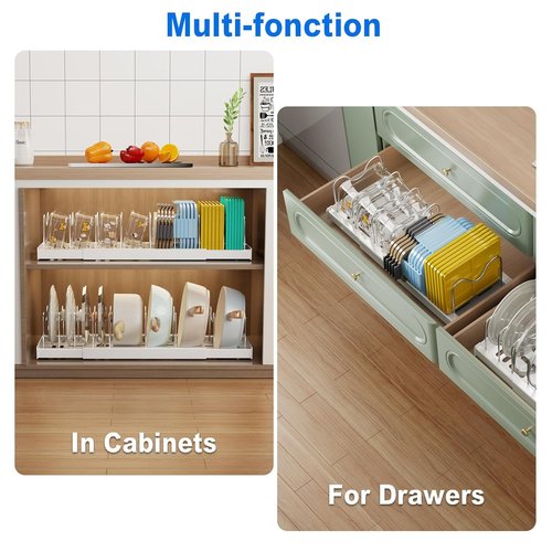 Mustorn Pots and Pans Organizer Under Cabinet, 22" Expandable Food Storage Container Lid Organizers with 9 Adjustable Dividers Pot and Pan Lid Holders Rack Inside Cabinet/Countertop(1 Pack, White)