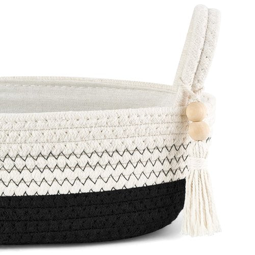 Mkono Small Storage Basket for Toilet Tank Top Boho Bathroom Decor Woven Rope Toilet Paper Tray Organizer for Shelf Bedroom Living Room, Black and White, 1 Pack, 13" L x 6" W