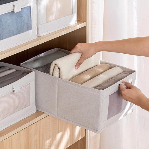 Linen Closet Organizers - 6 Pack Foldable Storage Bins with Clear Window for Clothing & Jeans