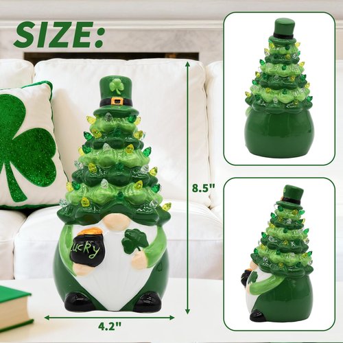 KnomeKo St Patricks Day Decorations, St Patricks Day Gnomes Ceramic Tree Lighted Gnome Leprechaun Decorations, Irish Shamrock Table Decor Gifts