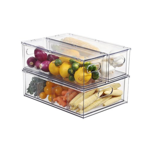 Bronkeeper Fridge Drawer Pull Out Stackable Bins, Clear Refrigerator Stackable Organizers, Fridge Organizer Storage for Kitchen, Pantry, Vegetables, Fruits (2 Small + 1 Large)
