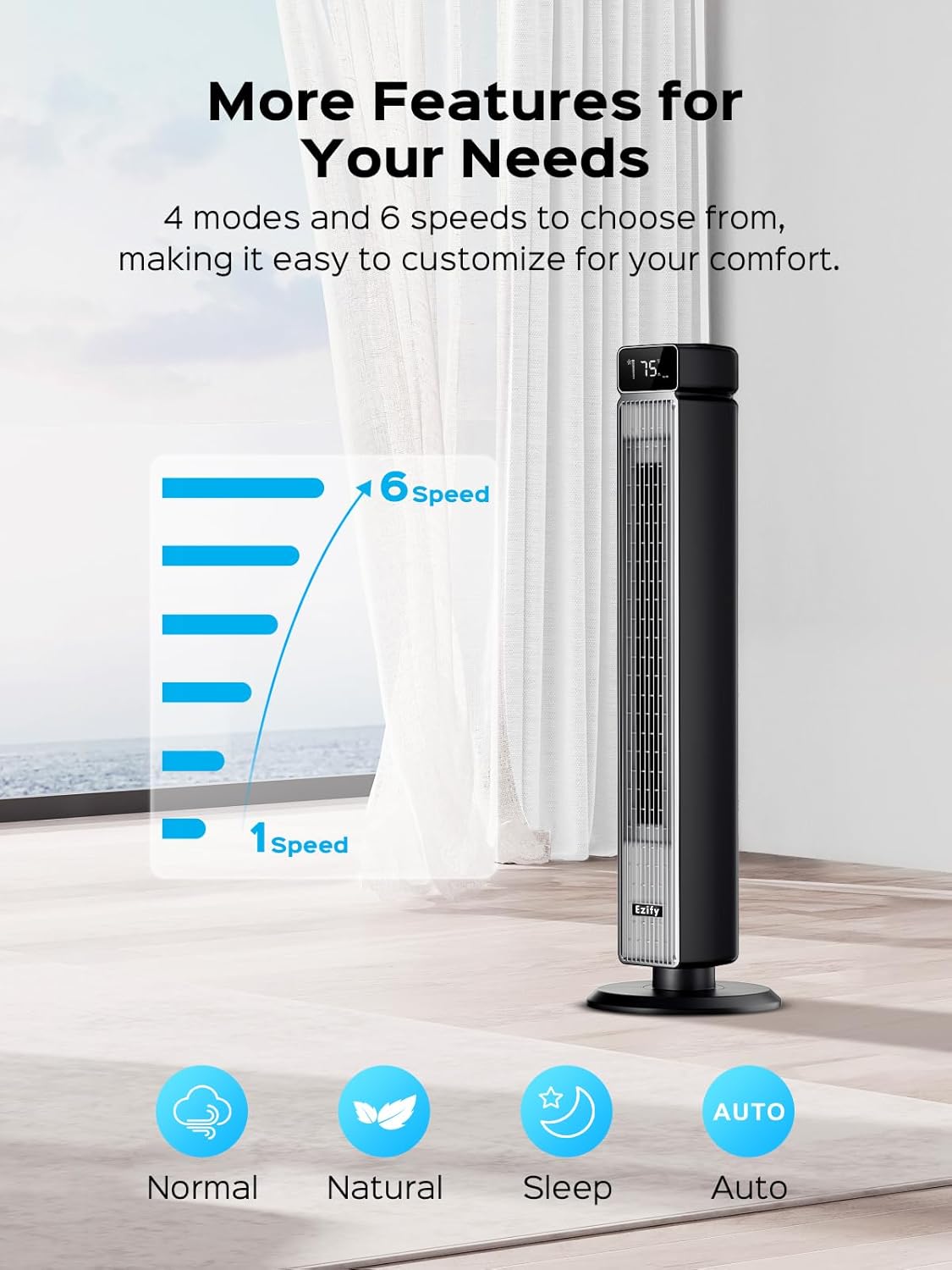 Tower 40-Inch Fan - 90° Oscillating, Remote Control, 30dB Quiet, 6 Speeds & 12H Timer | Ideal for Bedroom & Living Room