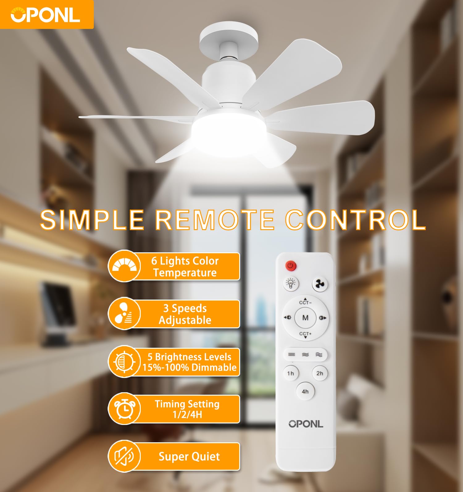 OPONL Socket Fan Light with Remote, 3-Speed Dimmable LED White Socket Ceiling Fan, 6 Colors 3000K-6000K, 1000 Lumens light bulb ceiling fan for Bedroom, Kitchen, Closet
