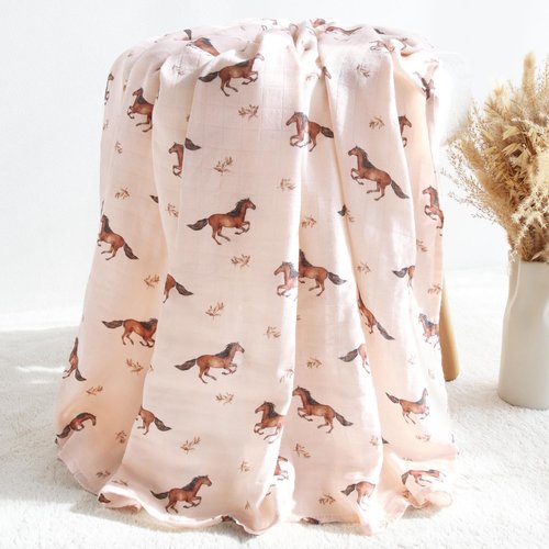 LifeTree Baby Swaddle Blankets, Muslin Swaddle Blankets Boys Girls Swaddling Wrap Receiving Blanket for Newborn, 70% Viscose Bamboo and 30% Cotton, Large 47" x 47", Horse Pattern