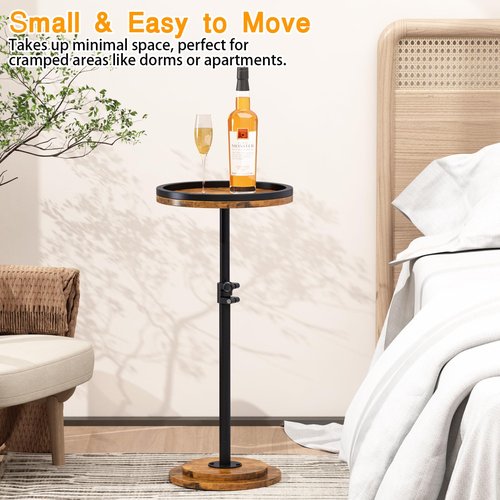 Kificet Small Side Table, Drink Table, Height Adjustable Round End Table, Pedestal Side Table for Small Spaces in Living Room, Bedroom, Brown