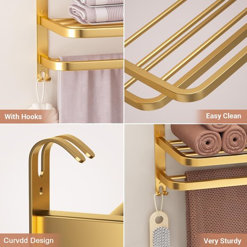 DDS-DUDES 23 Inch 3-Tier Gold Towel Racks for Bathroom with Towel Bars Multilayer Hotel Towel Shelf Stainless Steel Wall-Mounted Brushed Finish Holder with Towel Shelves