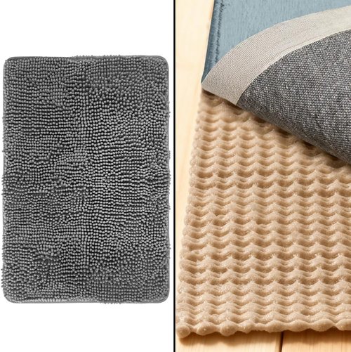 GORILLA GRIP Bath Rug - Soft and Absorbent | 24x17 Inches Gray with Rug Gripper Bundle
