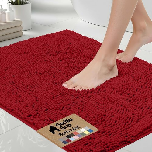 GORILLA GRIP Bath Rug Mat - Thick Soft Absorbent Chenille | Quick Dry Microfiber, 24x17, Red