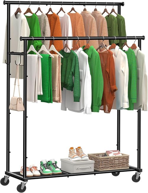 Ekisemio Heavy-Duty Double Rods Clothes Rack - 400 LBS Capacity | 45-Inch Rolling Garment Rack with Shelves, Black