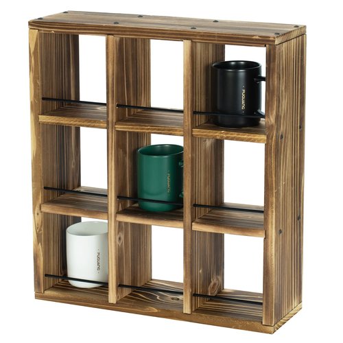 MyGift Wall Mounted Coffee Mug Display Rack – Rustic Burnt Wood Shadow Box Shelf for Collectible Travel Mugs, Cup Holder Storage for Kitchen, Office, or Coffee Bar Décor