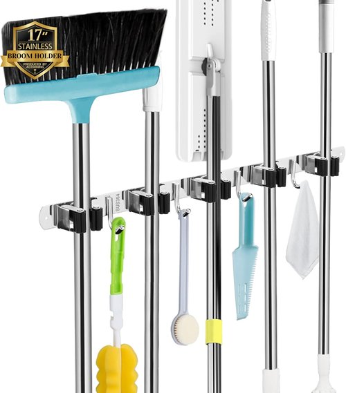 AceMining Wall Mounted Broom and Mop Holder | 5 Racks & 4 Heavy-Duty Hooks for Garage Storage