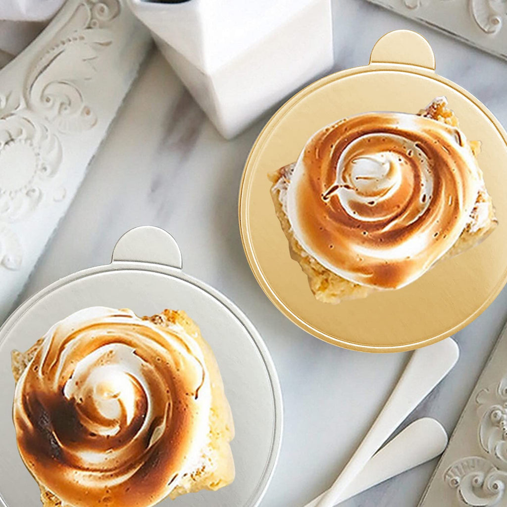 200 Pcs 3.1 Inch Mini Cake Boards Mousse Cupcake Base for Wedding Birthday Party Mousse Cupcake Dessert Displays Tray, Gold 8cm