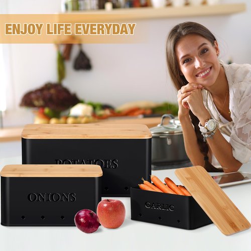 Honeydak 3 PCS Potato Onion Garlic Storage Bins Set, Metal Vegetable Keeper Containers with Lids Aerating Holes for Kitchen Counter Pantry Keep Fresh Longer Farmhouse for Sweet-potato Fruit(Black)