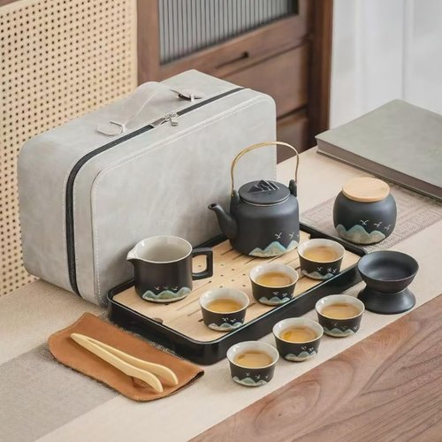 Simeiton Chinese Gongfu Tea Set, 15-Piece Ceramic Tea Service with Teapot, 6 Cups, Storage Jar, Tea Tray, Black and Teal Mountain Design with Gray Travel Case