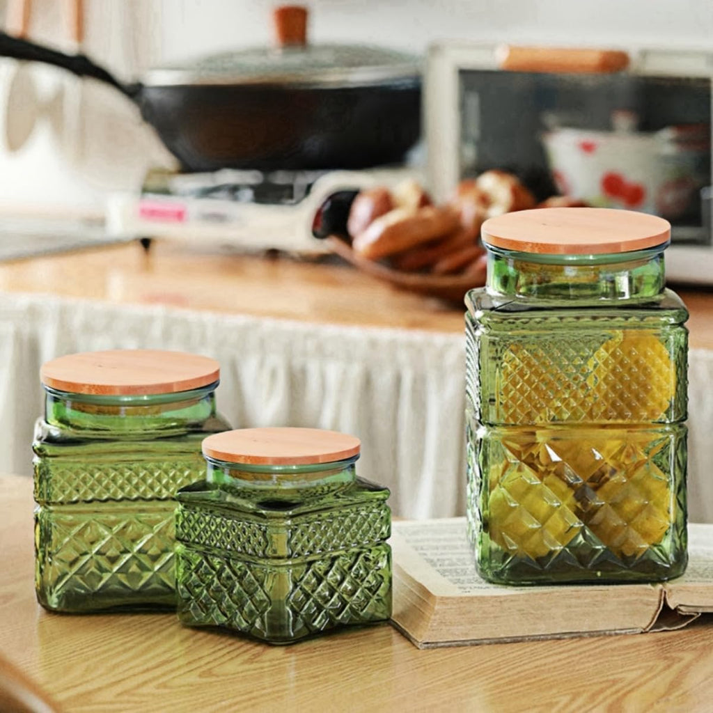 ANSQU Square Glass Canister, 37oz Candy Jar with Lid, Glass Food Storage Containers for Ground Coffee, Tea, Sugar, Decorative Mason Jar, Cookie Jars (Green)