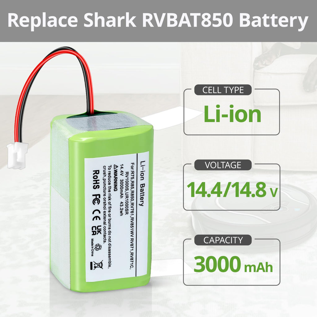 YAYA-Bechine 14.4V 3000mAh Replacement RVBAT850 Battery for Shark Ion Robot R75, RV761, RV850C, RV1000S, RV1100VL, RV101AE, UR1000SR, RV700_N, RV720_N Vacuum Cleaners (2-Prong Connector)
