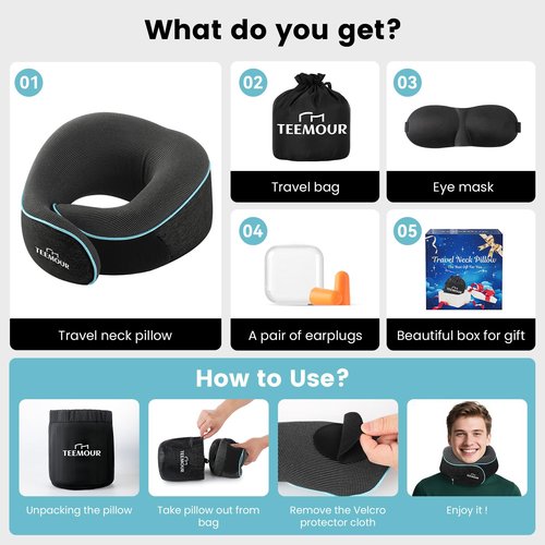 Travel Neck Pillow for Airplane -Memory Foam Travel Pillow for Long Flights/Car Sleep 360° Support Airplane Pillow, With Eye Mask & Earplugs, Portable Carry Bag | Airplane Accessories Washable Cover