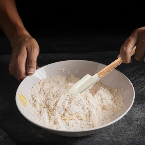 Ptwola 2 Pcs Wooden Handle Spatula Set White Silicone Spatulas Small Scraper Rubber Kitchen Utensil for Chefs Professional Baking Cooking Mixing Jar Bowl Frosting Dishwasher Safe Use