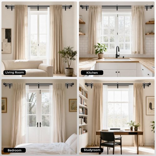 Double Curtain Rod, 1 Inch Black Dual Curtain Rods for Windows 48 to 84 Inch, Decorative Adjustable Heavy Duty Telescopic Spliced Window Treatment Rods Set for Bedroom Living Room Farmhouse