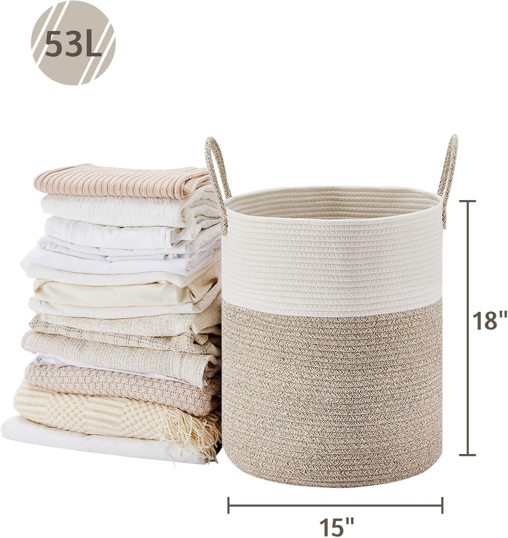 VIPOSCO Large Laundry Hamper - Tall Woven Rope Storage Basket for Blankets, Toys & Clothes | 53L White & Brown