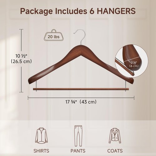StorageWorks 6 Pack Wooden Hangers, Extra Wide Shoulder Wood Hangers with Locking Bar for Suit, Shirt, Coat, Pants, Walnut Color